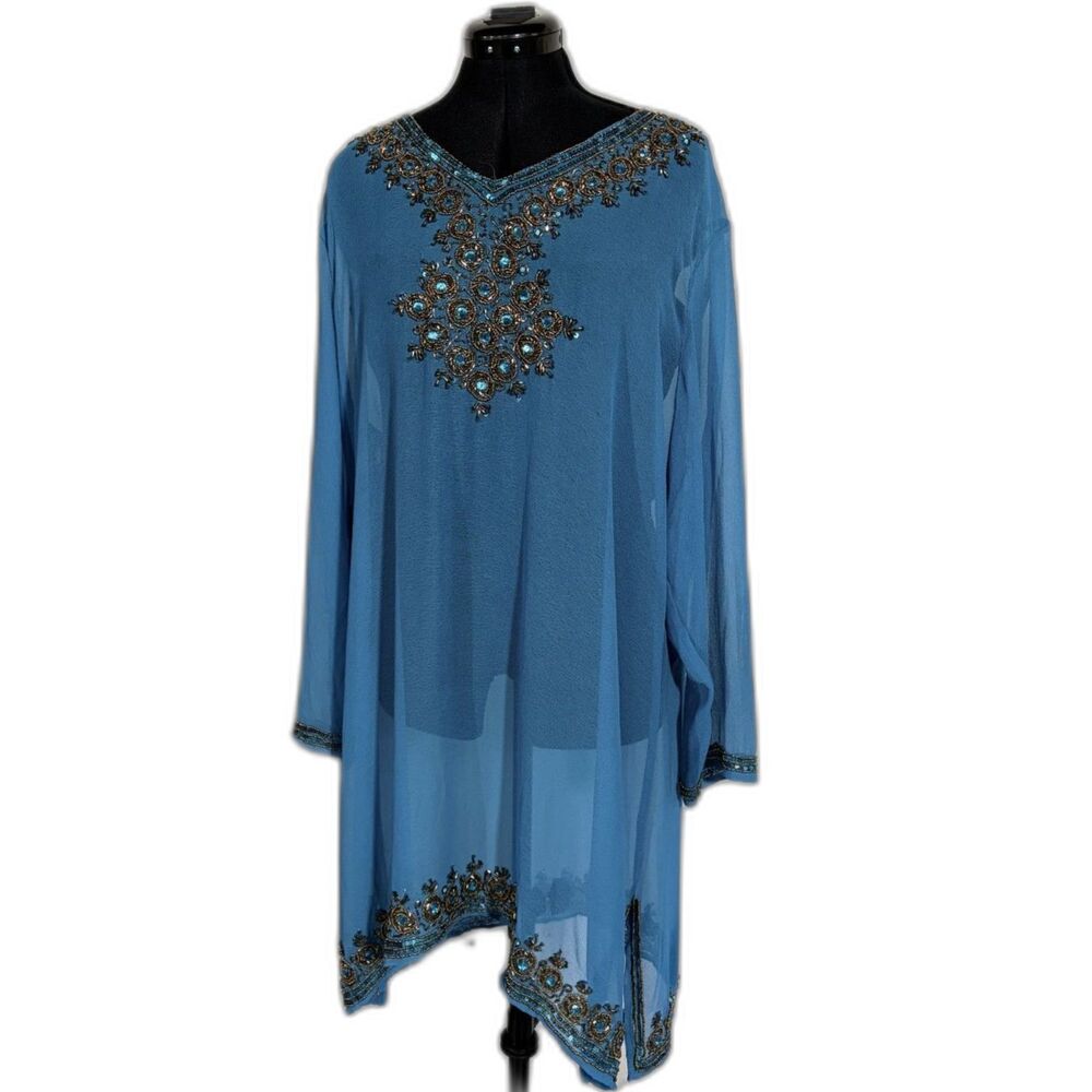 Sheer Teal Blue Beaded Tunic Top